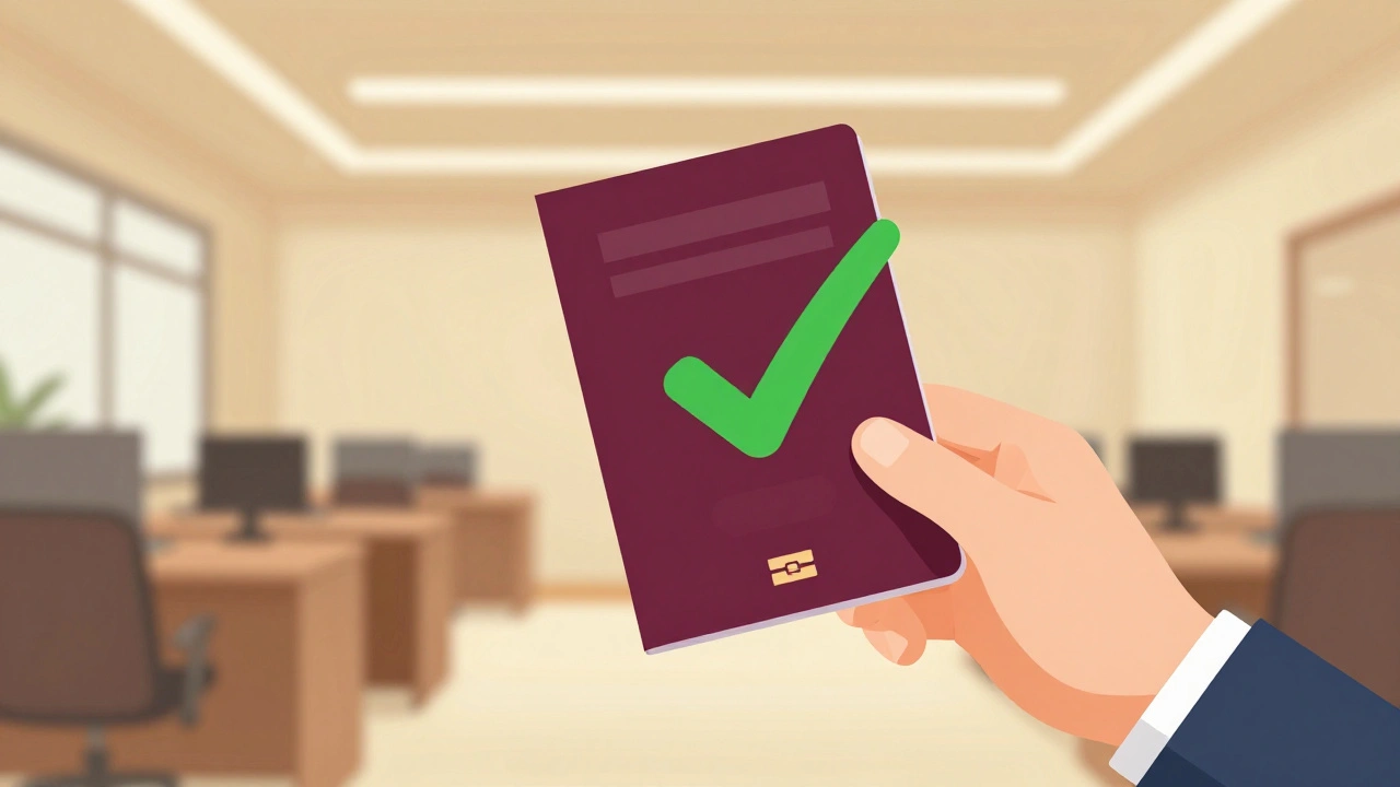 Паспорт с зелёной галочкой верификации в современном офисе