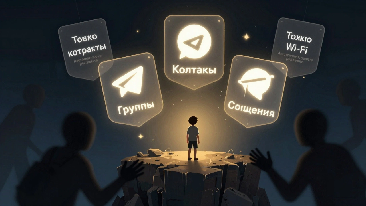 Подросток стоит на краю цифровой пропасти, вокруг него — защитные настройки Telegram, а в тени — скрытые угрозы.