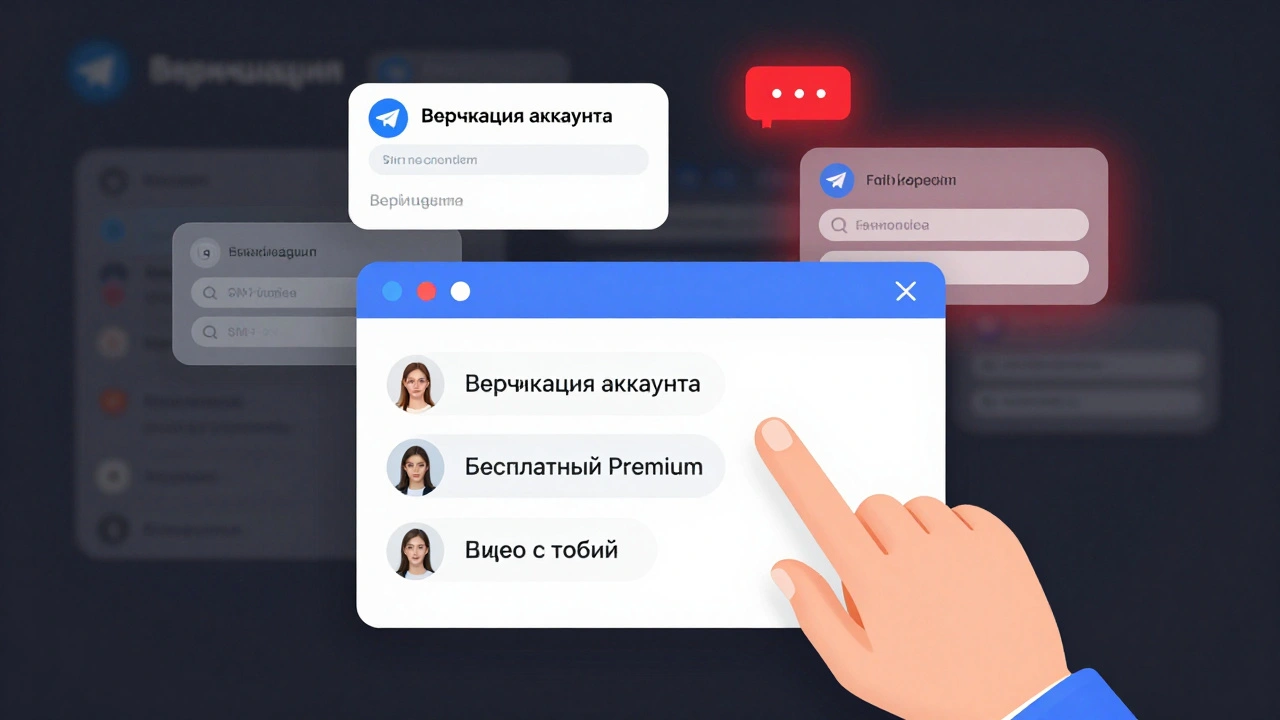 Пользователь наводит палец на поддельные сообщения в Telegram с запросами паролей и SMS-кодов.