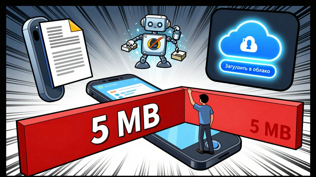 Пользователь пытается загрузить файл, но его блокирует лимит 5 МБ, а три решения — сжатие, разбиение и облако — светятся вокруг.