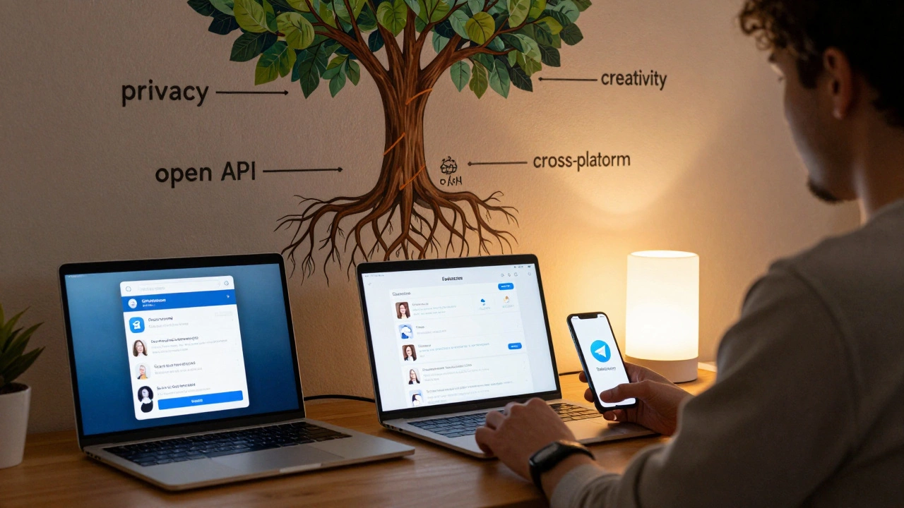 Пользователь работает с Telegram на нескольких устройствах, включая Raspberry Pi, с умным домом и Premium-функциями на фоне.