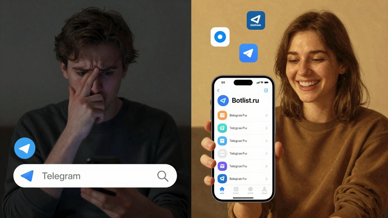 Пользователь слева ищет бота безрезультатно, справа успешно использует бота из каталога Botlist.ru.
