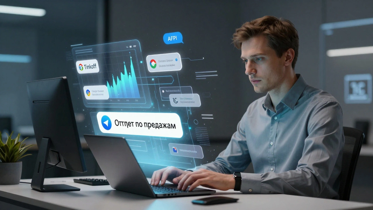 Предприниматель получает автоматический отчет о продажах через Telegram без открытия других приложений.