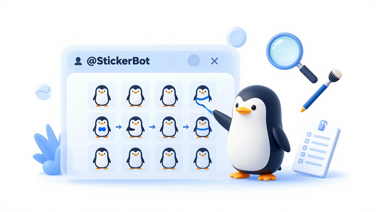 Процесс создания стикеров: изображение пингвина загружается в бота @StickerBot для превращения в набор стикеров.