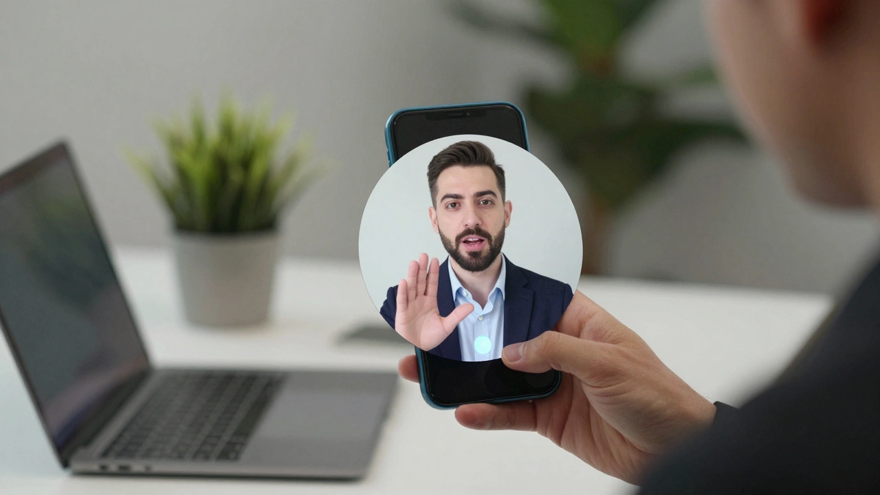 Профессионал отправляет круговое видео в Telegram с жестом рукой в офисной обстановке.