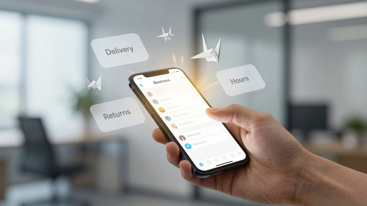 Прозрачные шаблоны ответов парят вокруг телефона с Telegram Business.