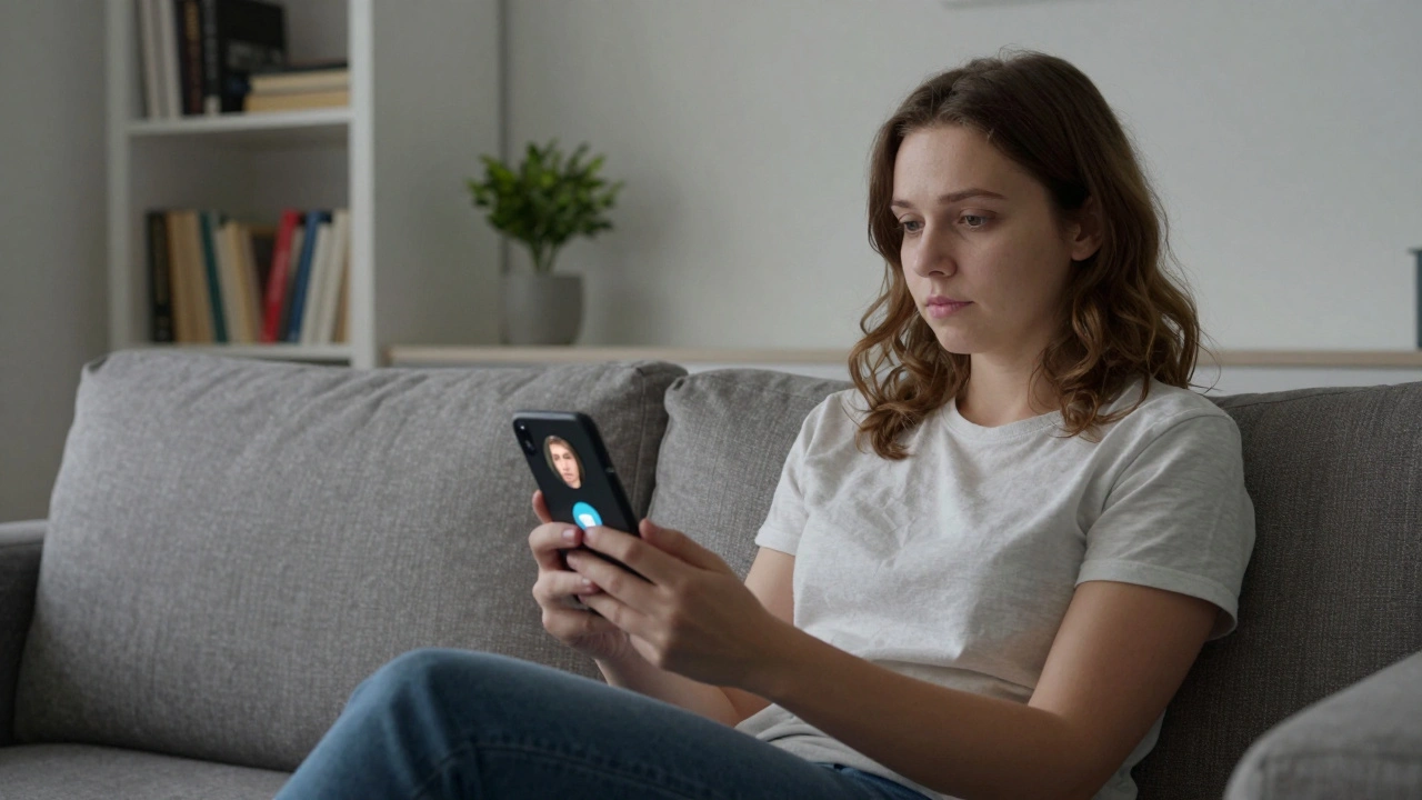 Психолог слушает клиента через видеозвонок в Telegram, сидя на диване в уютной обстановке.