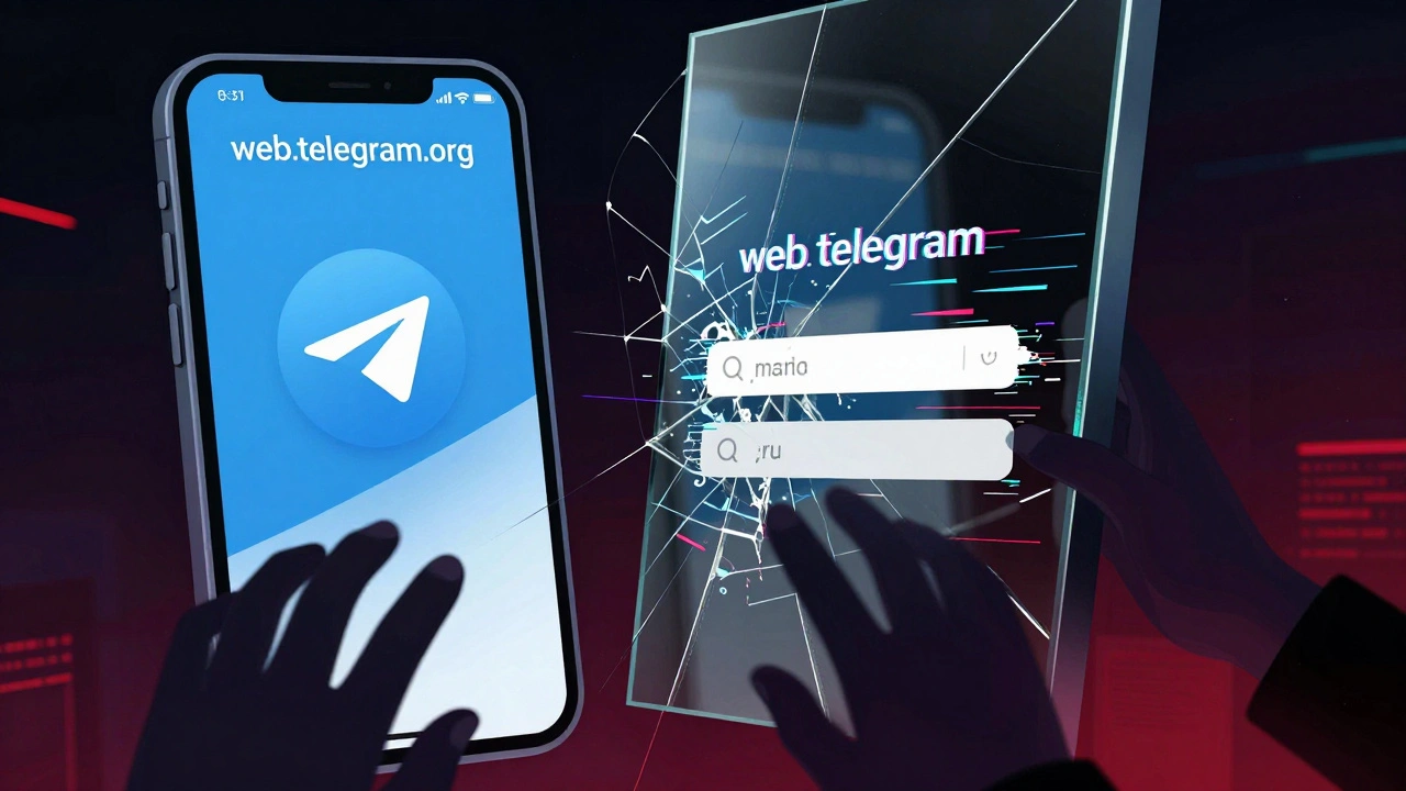 Разбитое зеркало, отражающее настоящий и фейковый интерфейс Telegram с яркими цветами и искажениями