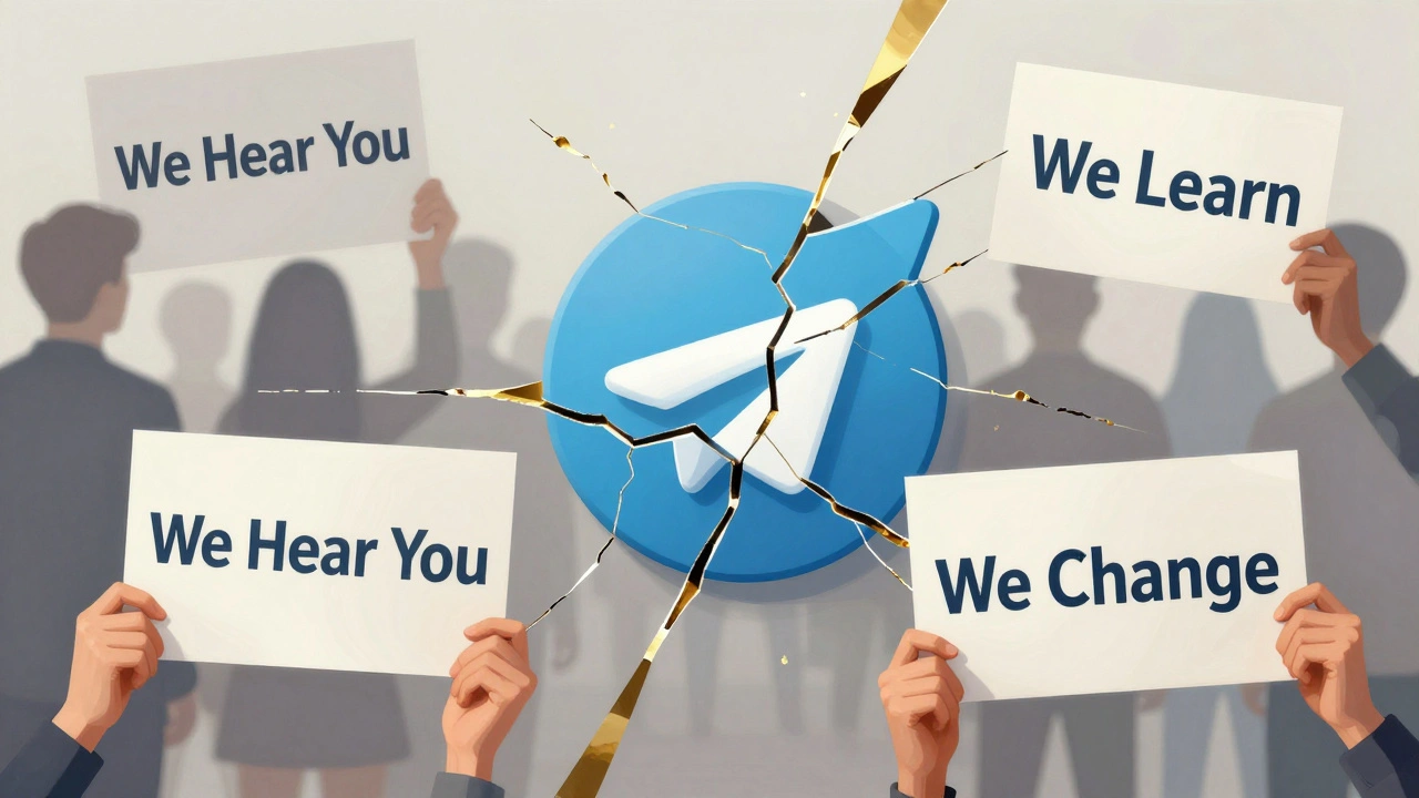 Разбитый логотип Telegram восстанавливается руками с надписями 'Мы слышим', 'Мы учимся', 'Мы изменим', участники возвращаются.