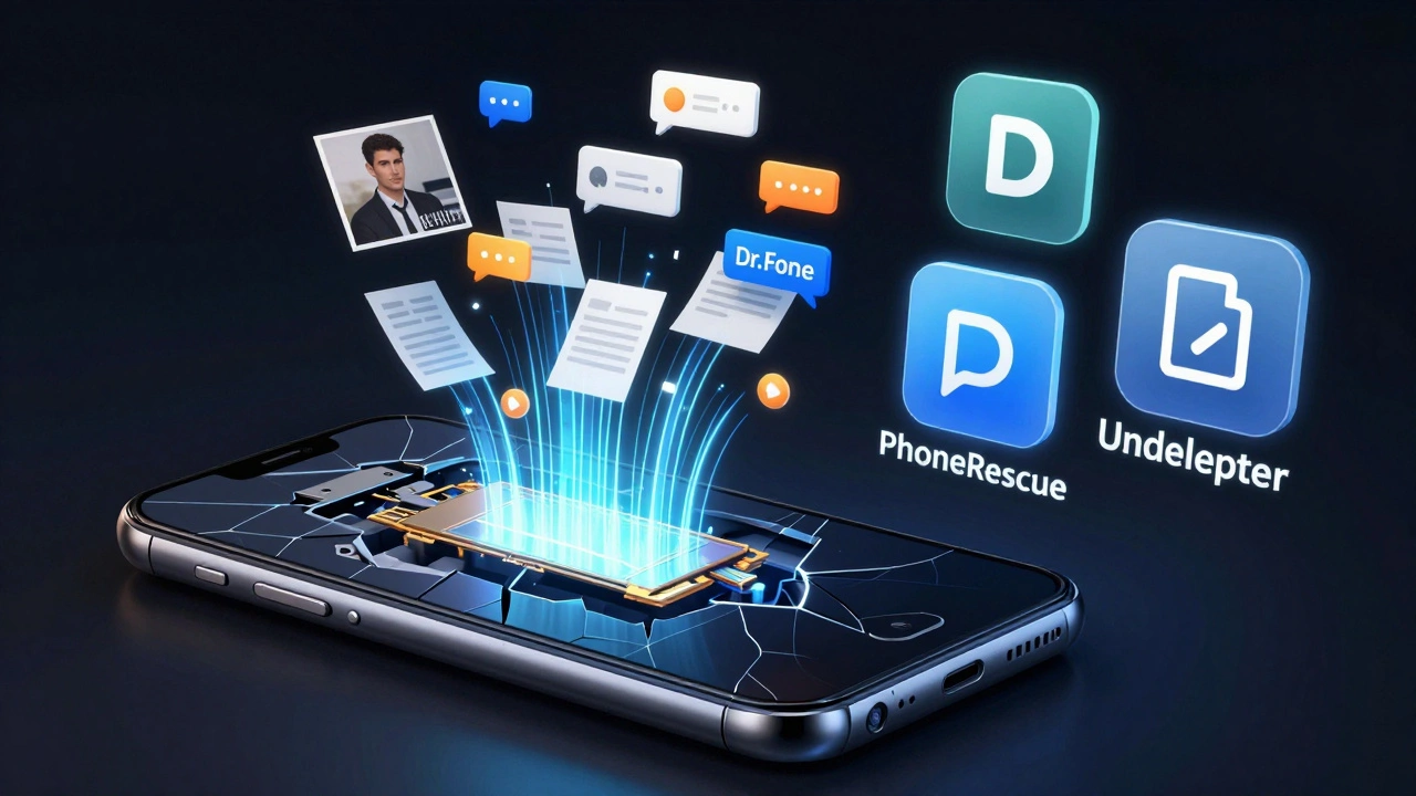 Разбитый телефон с исчезающими данными, над которым парят иконки программ для восстановления.