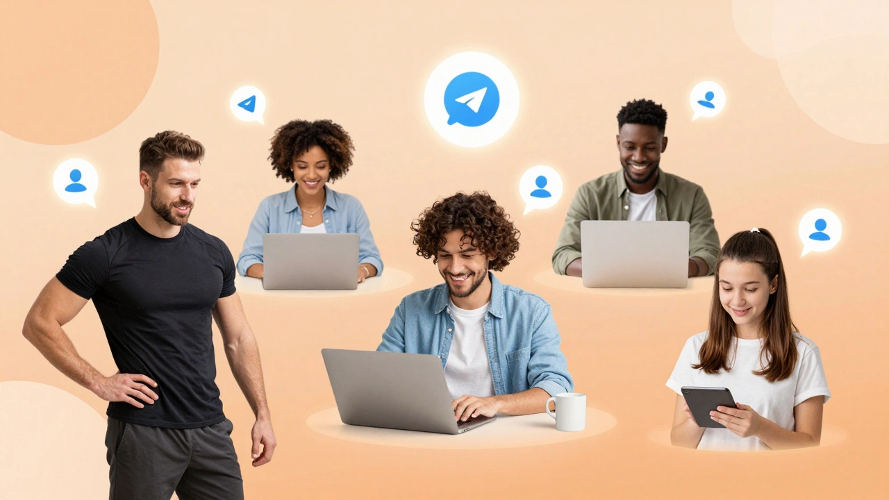 Разные пользователи связаны голосовыми и видеозвонками Telegram, символизируя человеческое обслуживание.