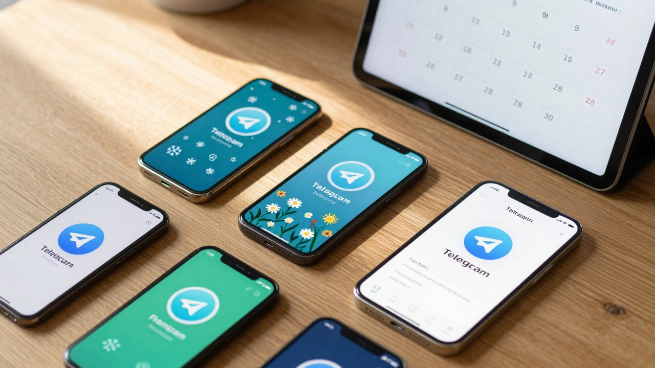 Разные сезонные иконки Telegram на устройствах рядом с календарём.