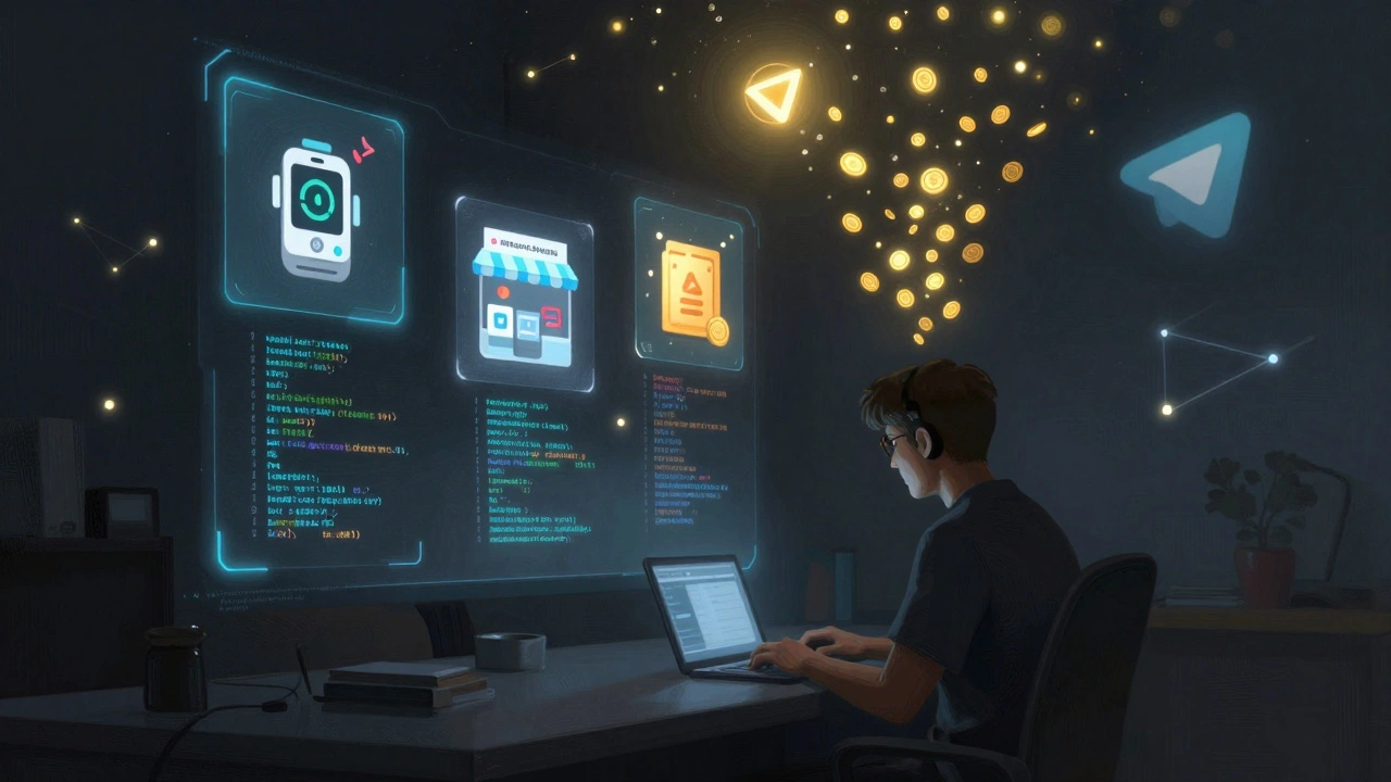 Разработчик за компьютером, вокруг него светящиеся иконки успешных Mini Apps в Telegram с падающими монетами.