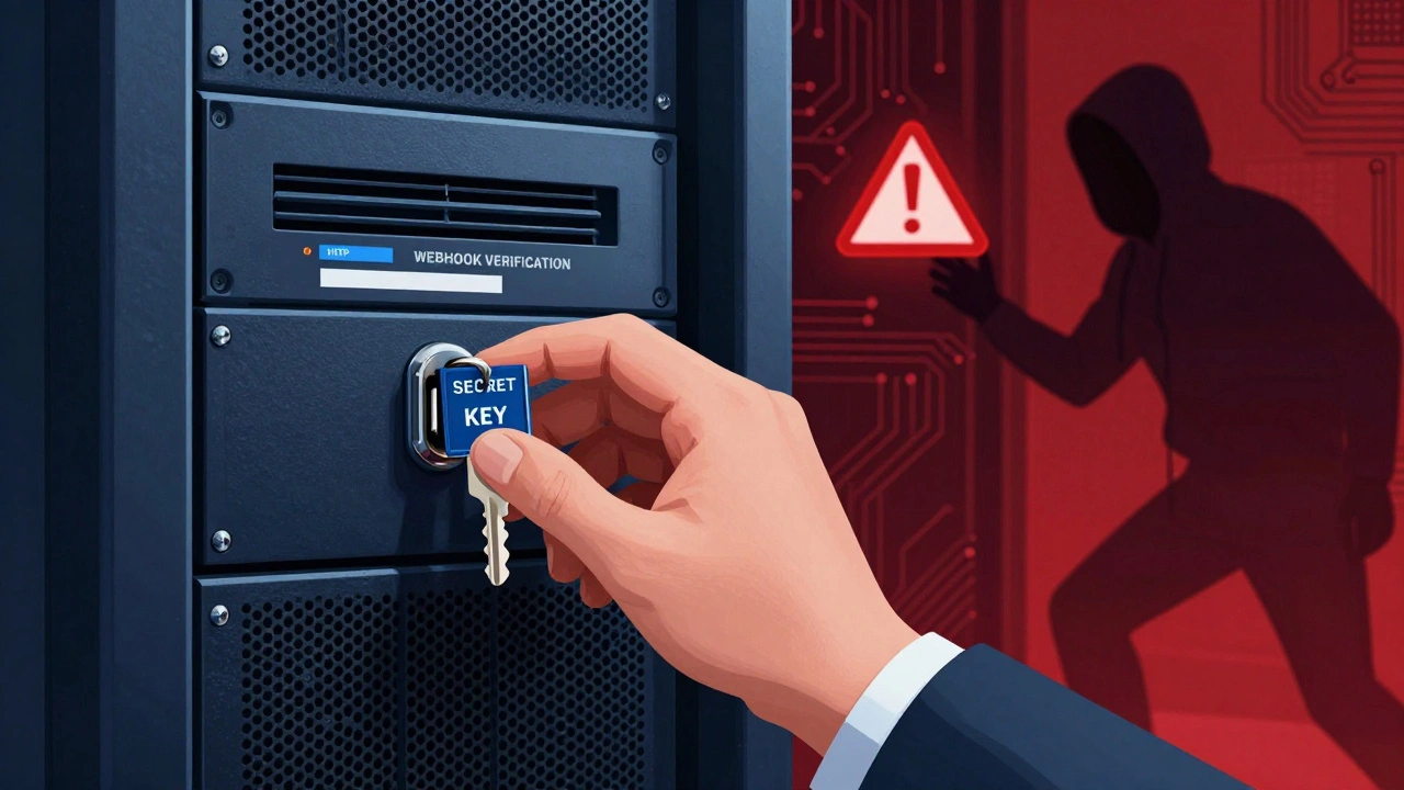 Разработчик защищает вебхук с секретным ключом, блокируя поддельный HTTP-запрос от хакера.