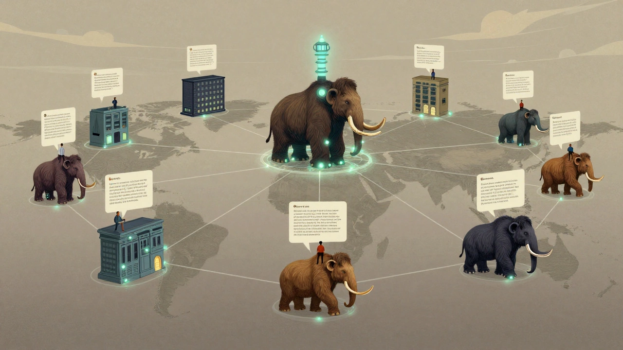 Разрозненные серверы Mastodon соединены светящимися нитями, пользователи по всему миру общаются без централизованного контроля.