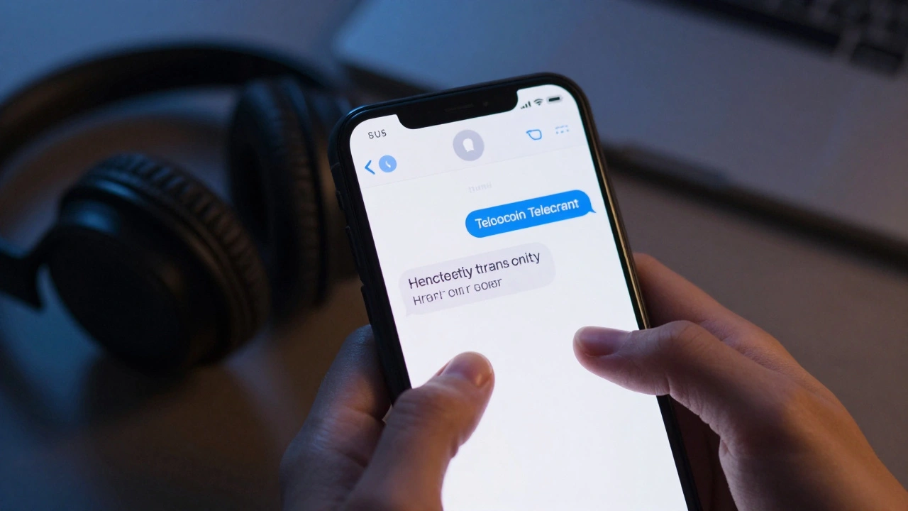 Редактирование расшифрованного текста в Telegram на экране смартфона с наушниками рядом.
