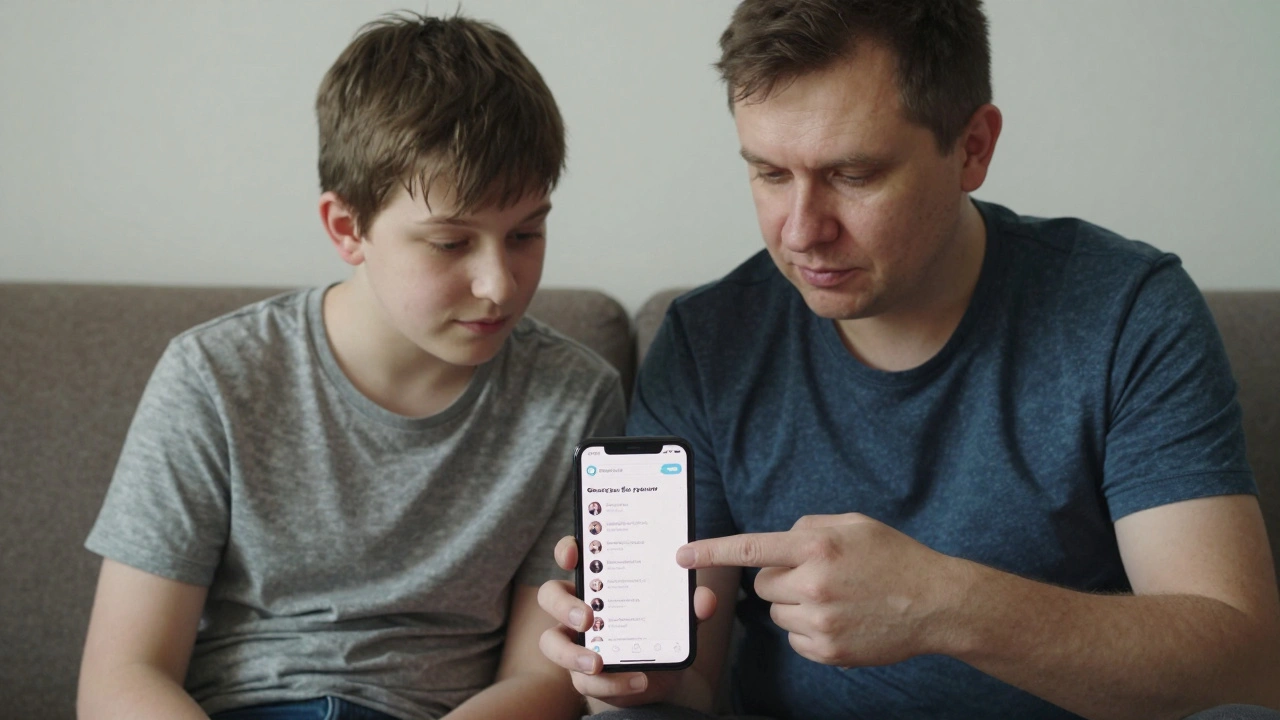 Родитель и подросток вместе смотрят на экран телефона с списком каналов Telegram, общаются спокойно и доверительно.