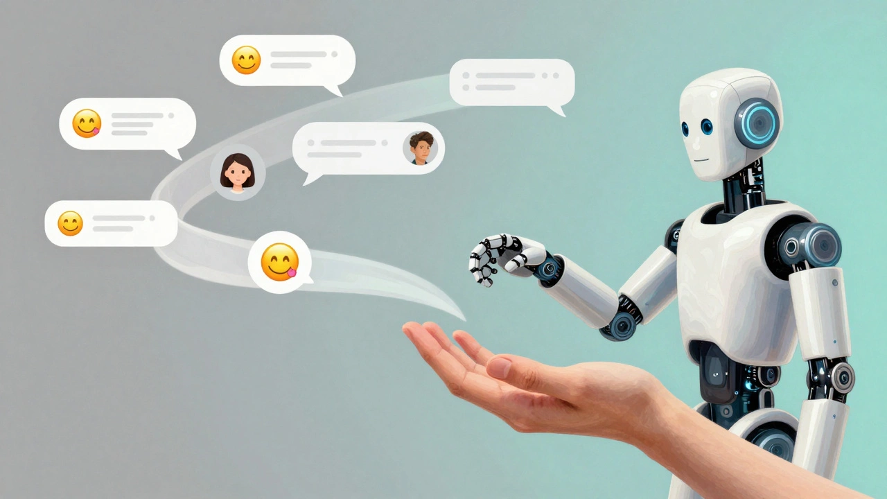 Рука человека мягко направляет робота по пути диалога, где чат-сообщения превращаются в текучую ленту.