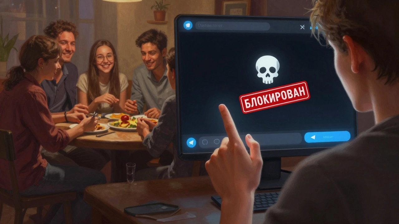 Рука человека замерла над ссылкой в Telegram, позади — два мира: настоящие друзья и взломанный аккаунт.