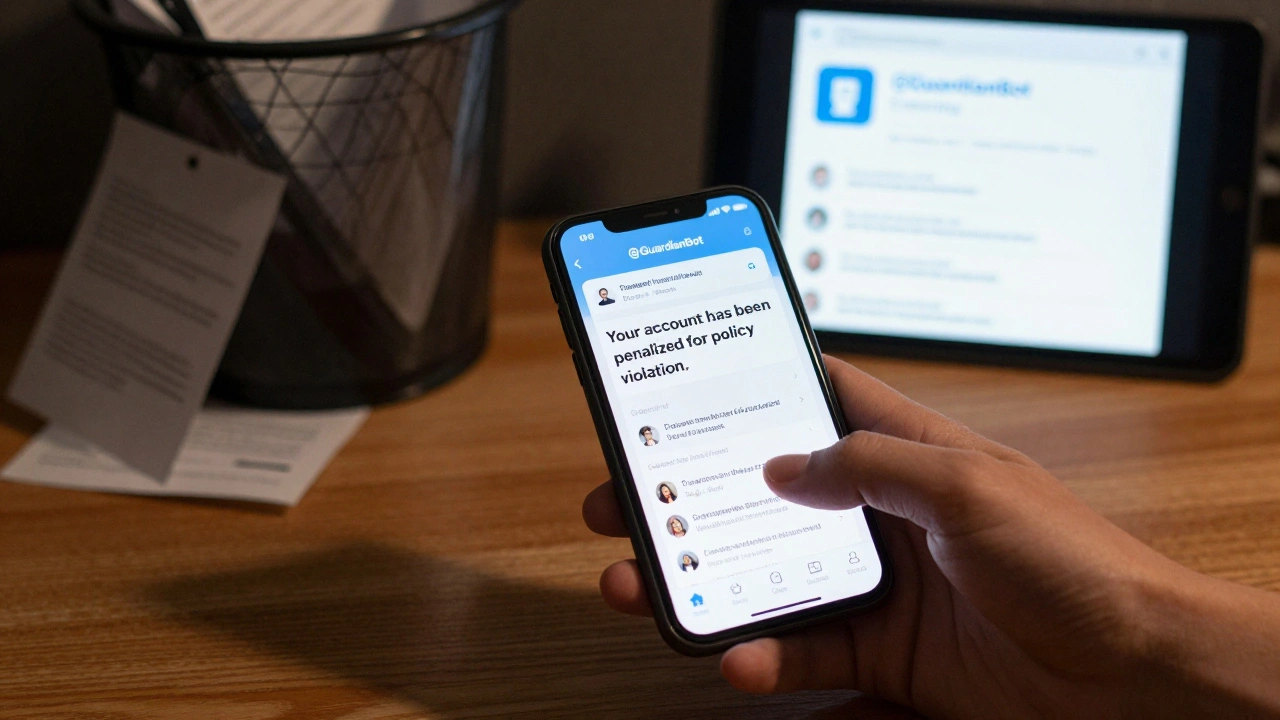 Рука держит телефон с уведомлением о нарушении, а бот удаляет запрещенный пост в канале.