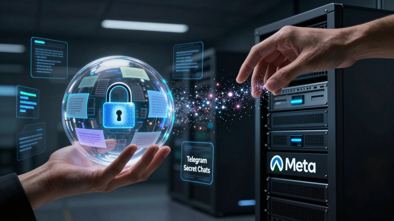 Рука держит зашифрованные сообщения в сфере, другая выпускает данные в сервер Meta — символ приватности против коммерциализации.