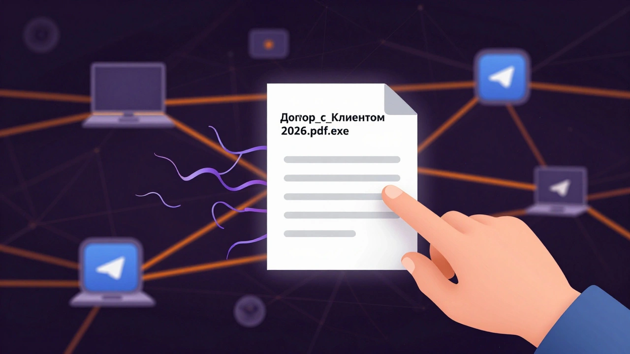 Рука над файлом с двойным расширением, от которого расходятся вредоносные потоки.