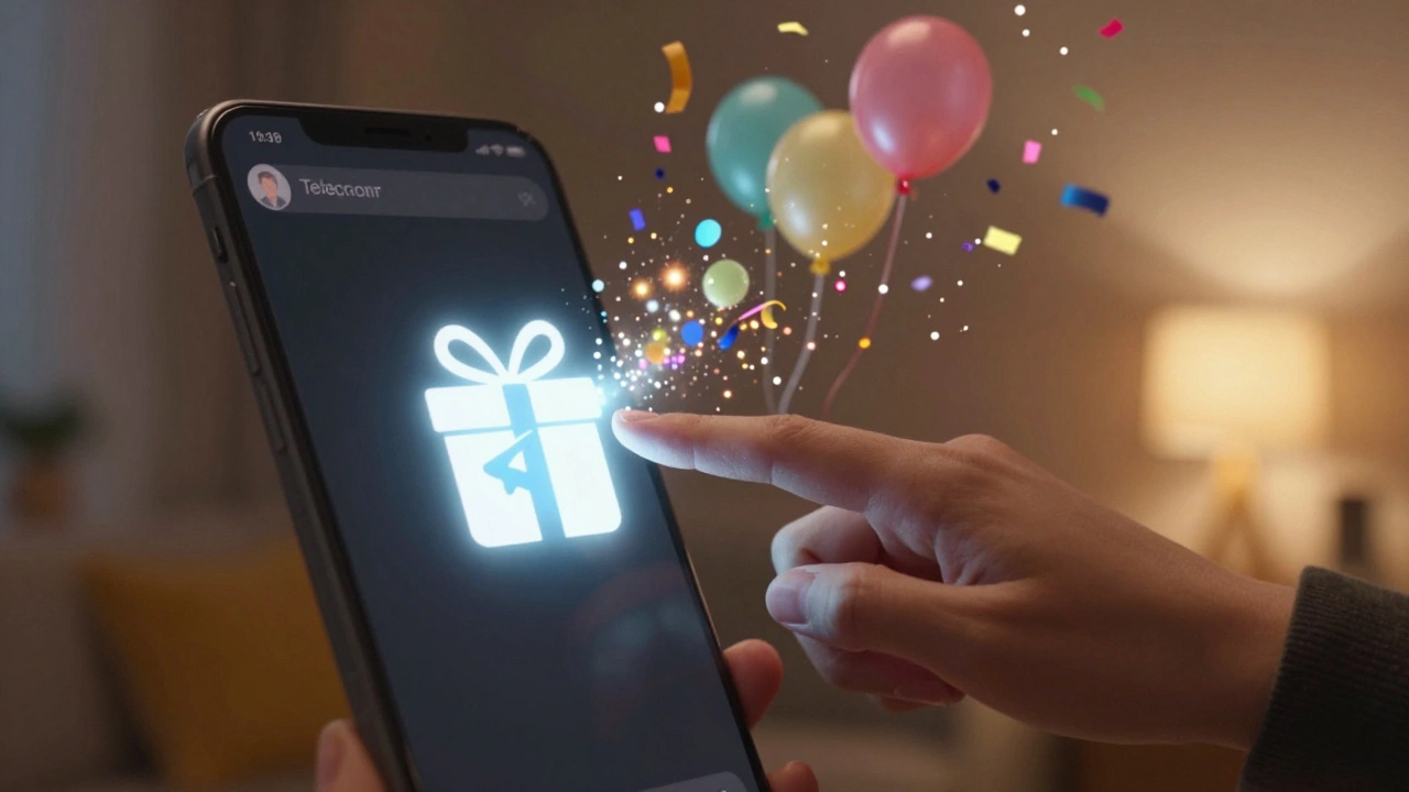 Рука нажимает на иконку подарка в Telegram, из которой вылетают воздушные шары и конфетти.