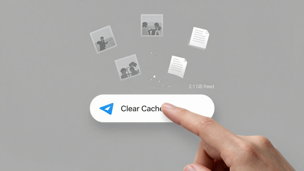 Рука нажимает на кнопку 'Очистить кэш' в Telegram, сопровождаемая исчезающими значками загруженных файлов.