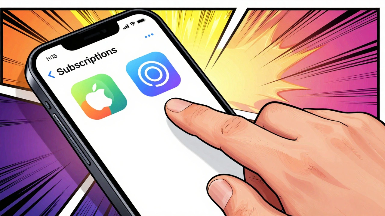 Рука нажимает на раздел подписок в настройках iPhone
