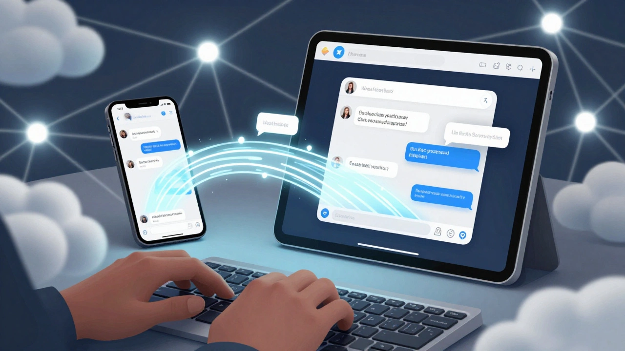 Рука печатает на клавиатуре, а на телефоне и планшете отображаются одинаковые сообщения Telegram.