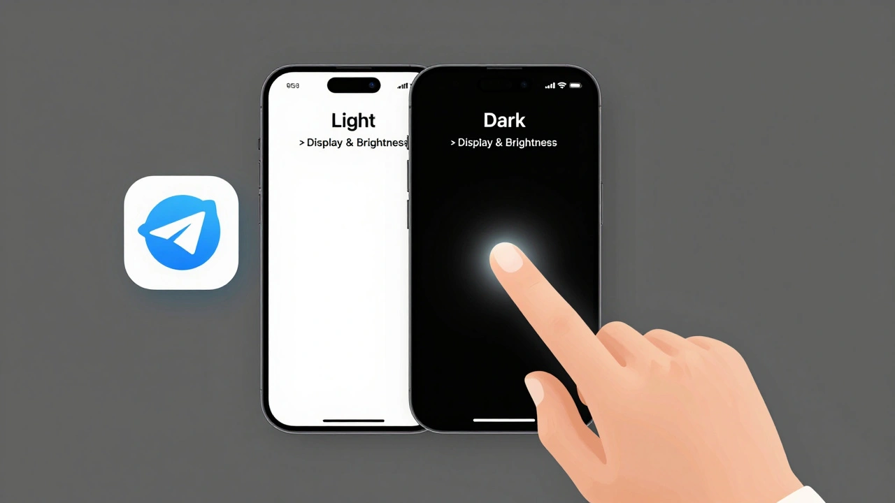 Рука переключает тему на iPhone с светлой на темную, Telegram мгновенно меняет интерфейс.
