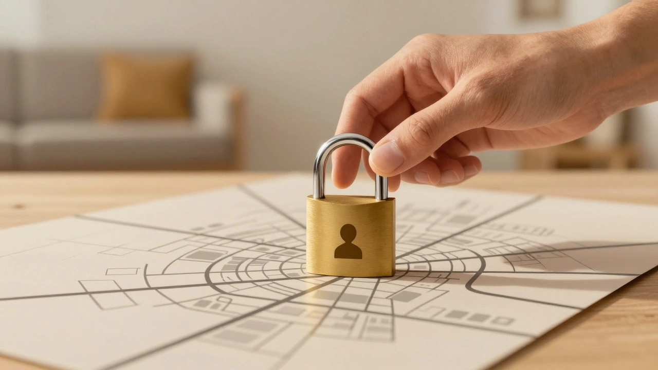 Рука закрывает карту города замком для защиты приватности