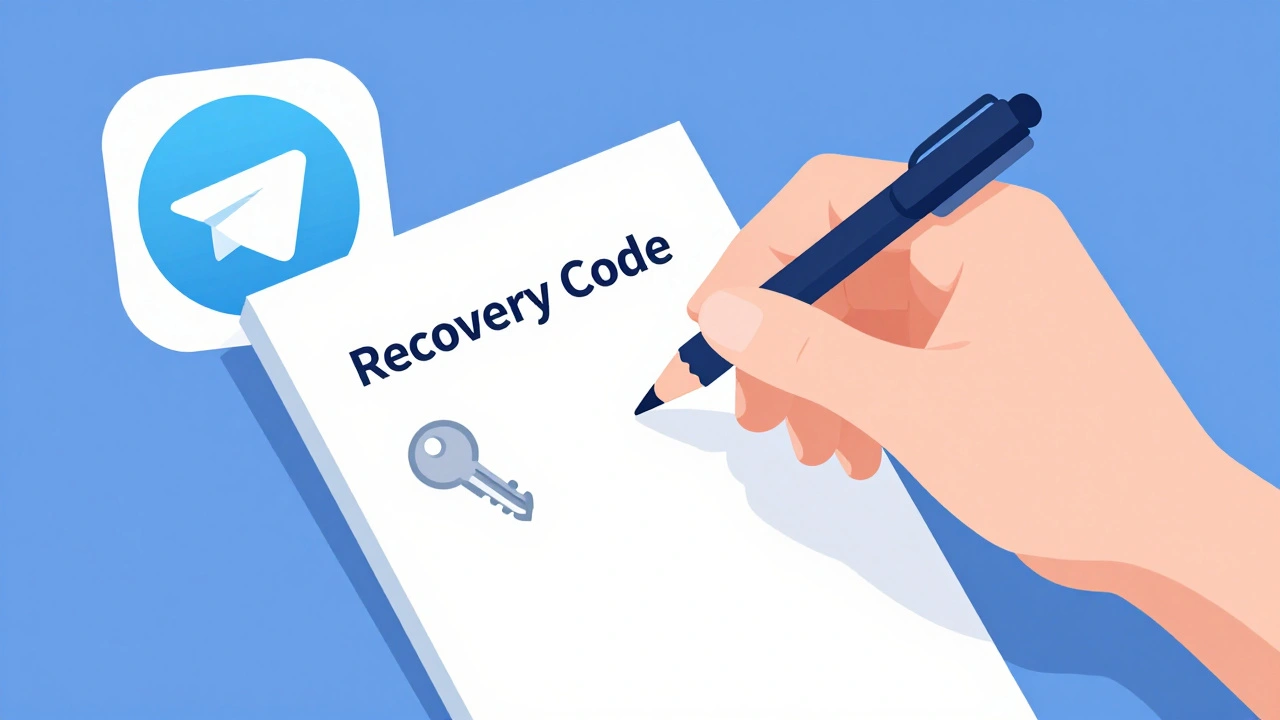 Рука записывает код восстановления Telegram на блокноте с ключом