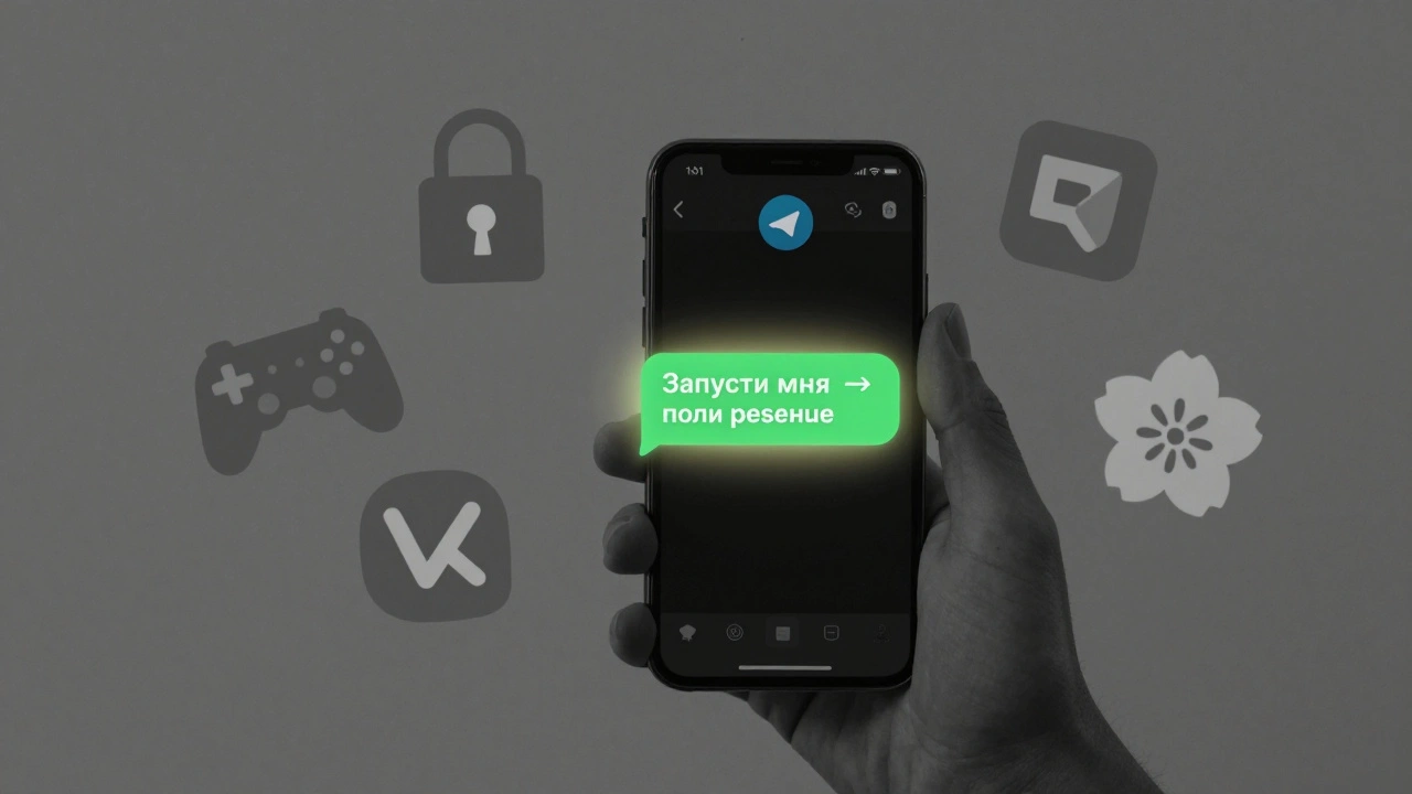 Рука запускает Telegram-бота, а вокруг него — символы других мессенджеров, затухающие, кроме Telegram, который светится золотым.