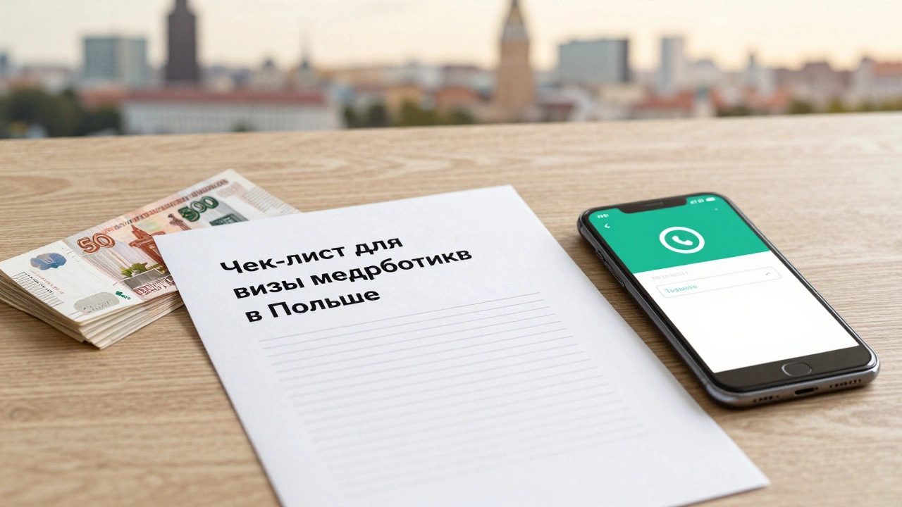 Рукописный чек-лист для визы медработников лежит на столе рядом с деньгами и телефоном с оплатой через Telegram