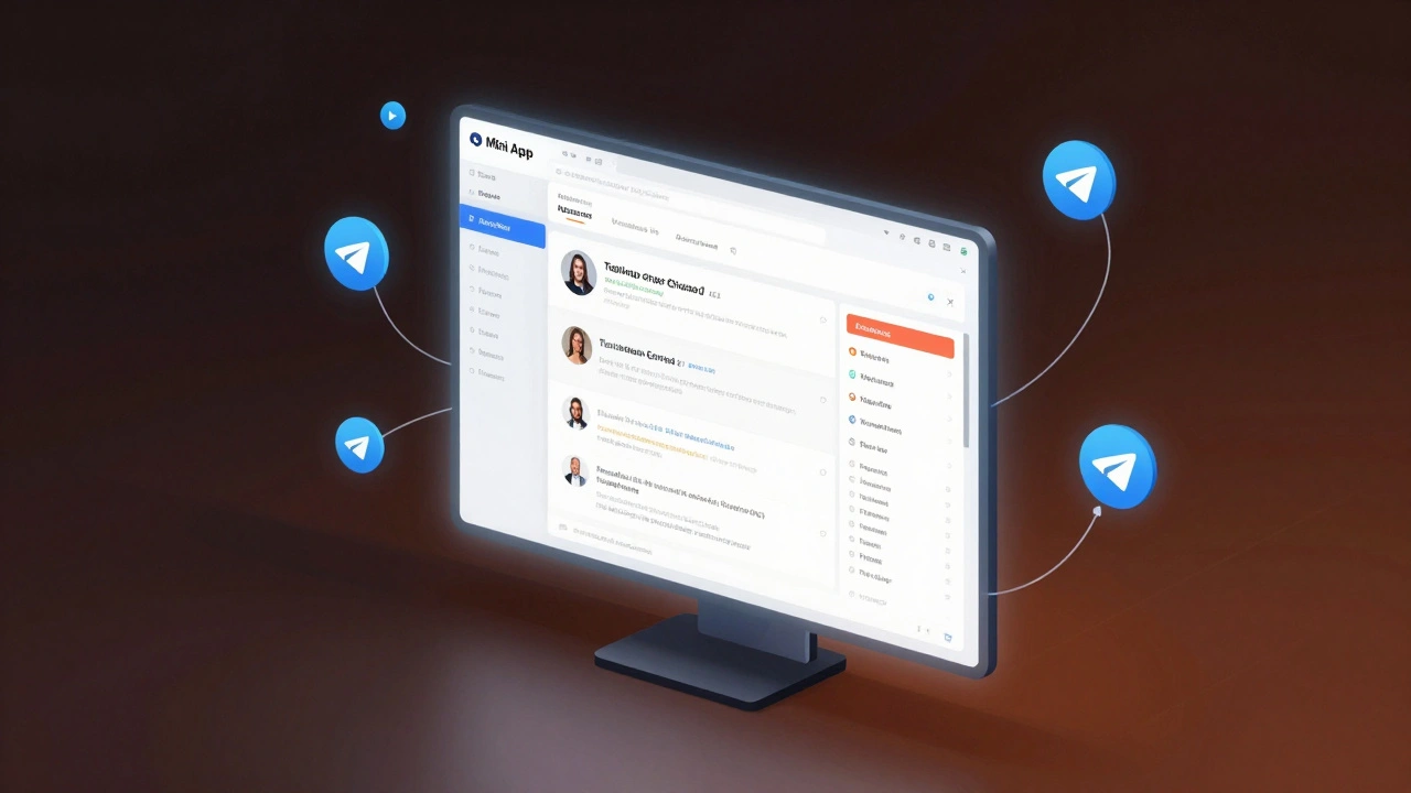 Сервер генерирует персонализированный интерфейс Mini App с динамическими данными пользователя, окружённый Telegram-иконками и линиями WebSocket.
