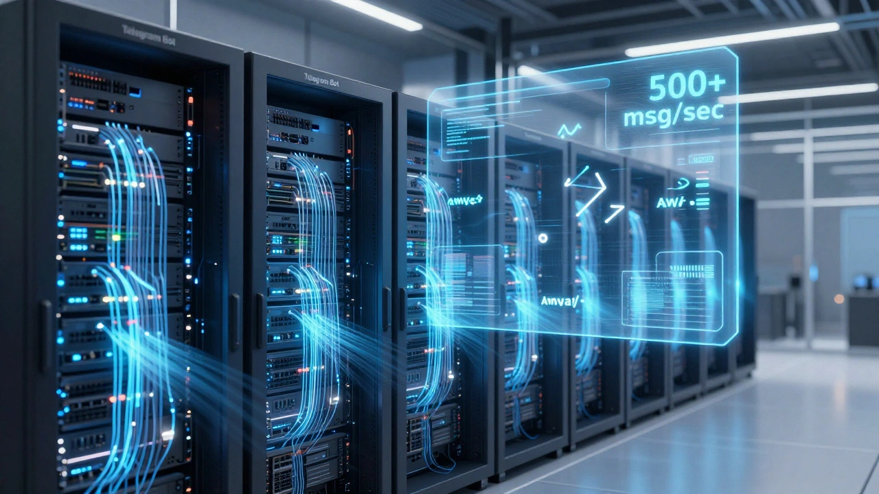 Серверная ферма с Telegram-ботом, обрабатывающим более 500 сообщений в секунду, с потоками данных и цифровыми индикаторами.