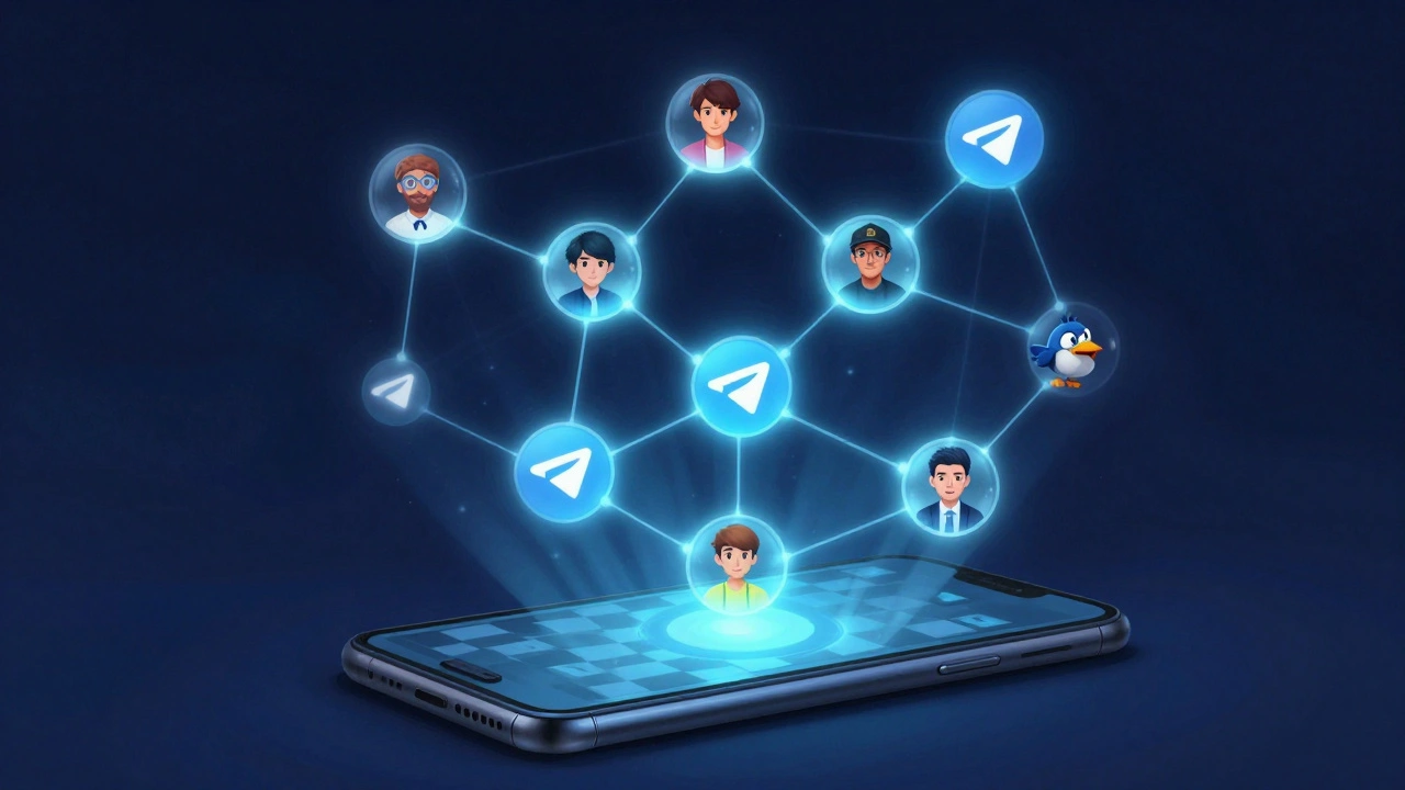 Сеть аватаров Telegram, соединённых игровыми процессами, парит над экраном смартфона в тёмной среде.