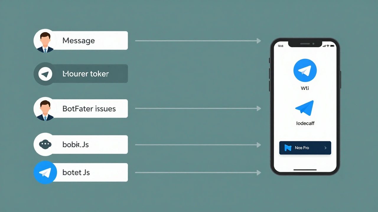 Схема потока Telegram-бота: пользователь → токен от BotFather → файл bot.js → ответ бота, в стиле плоской векторной иллюстрации.