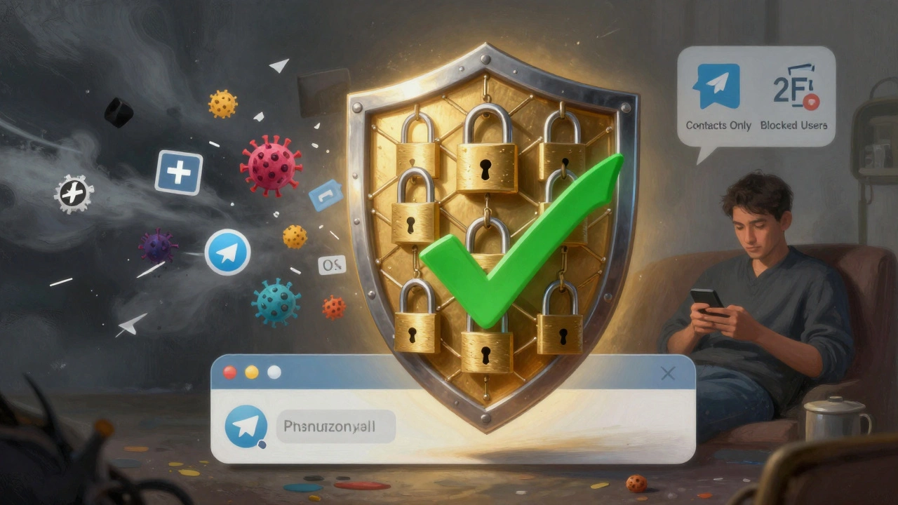 Щит защиты Telegram от спама с иконками фильтра, 2FA и контактов.