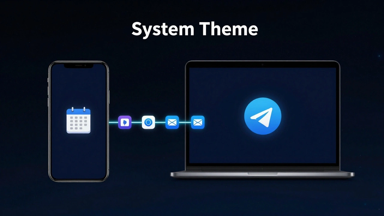 Смартфон и ноутбук в темной теме, соединенные потоком света, символизирующим единую системную настройку.