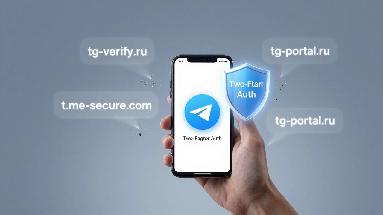 Смартфон с настоящим приложением Telegram, над которым исчезают фейковые сайты под защитой двухфакторной аутентификации