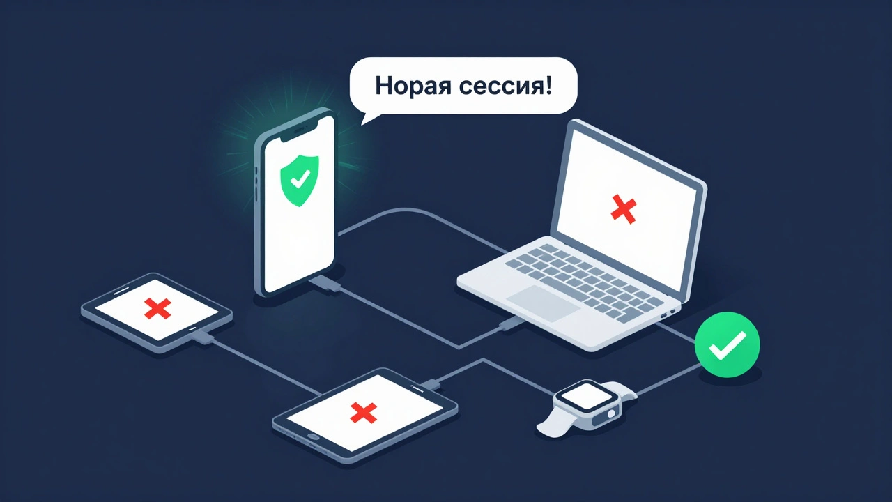 Смартфон соединён с несколькими устройствами, три из них отмечены красным крестом, одно — зелёной галочкой, над ним всплывает уведомление.
