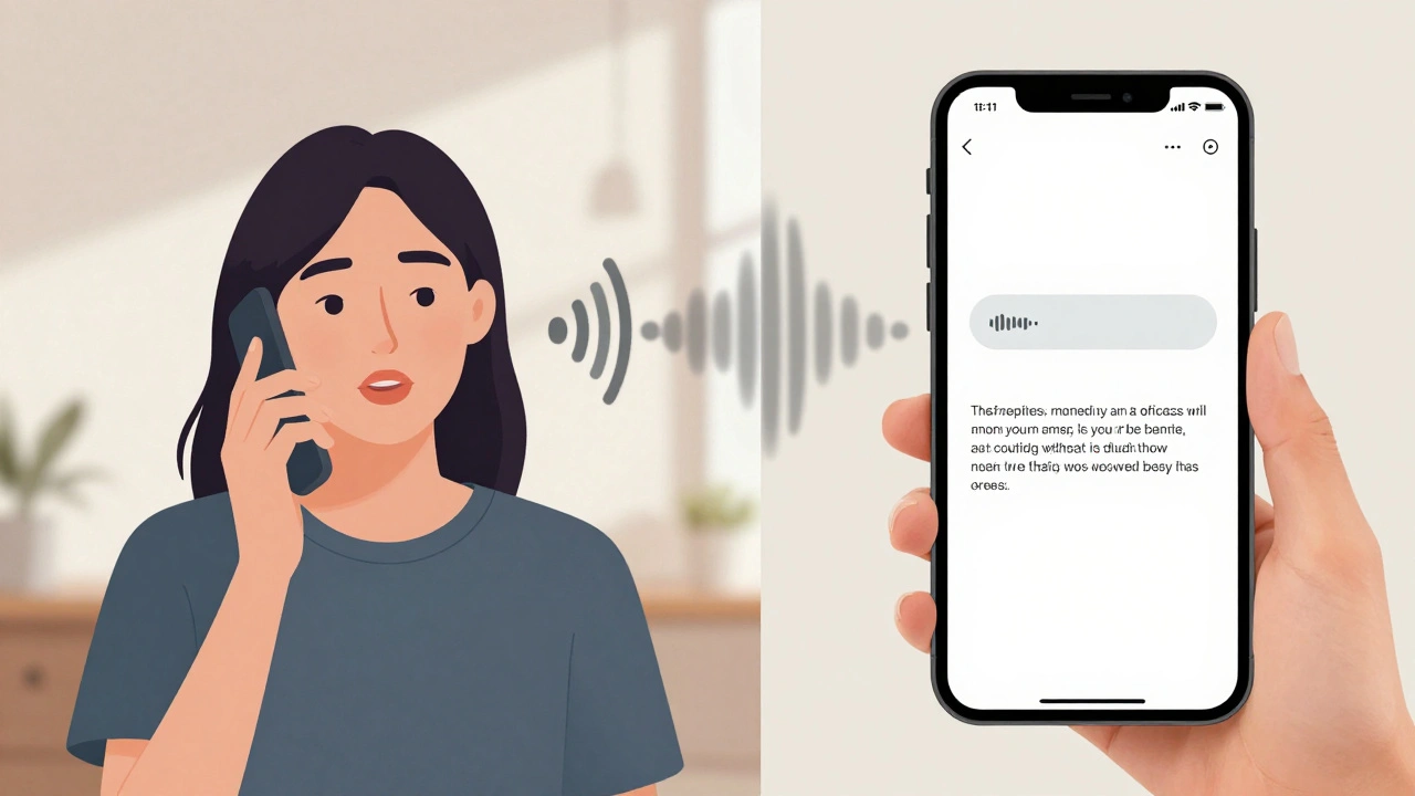 Сравнение голосового сообщения и его текстовой расшифровки в Telegram на экране телефона.