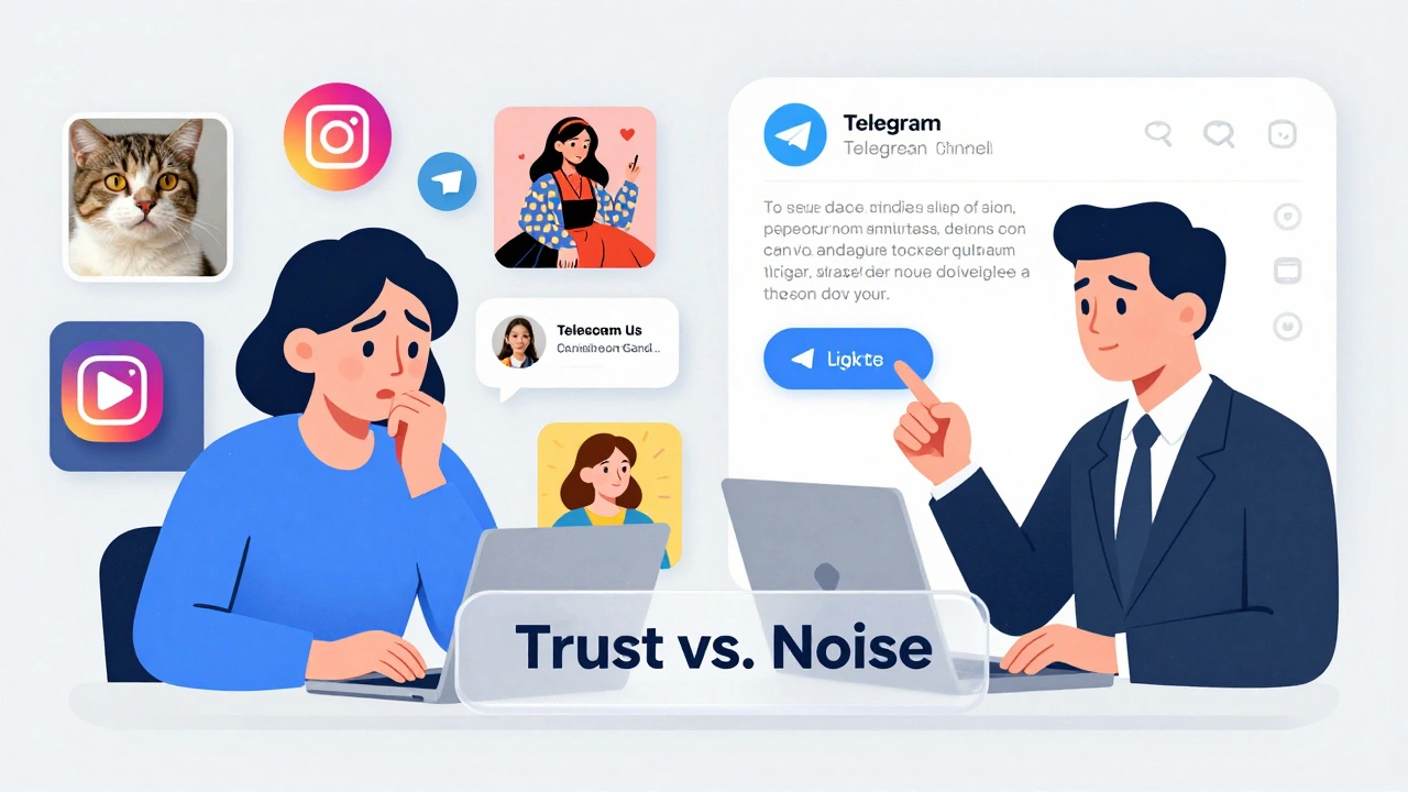 Сравнение: хаотичная реклама Instagram слева и целенаправленный Telegram-контент справа, разделяемые надписью 'Доверие против шума'.