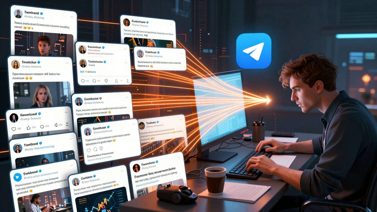 Сравнение хаотичного потока твитов и анализа Grok AI, визуализированный как цифровой поток данных.