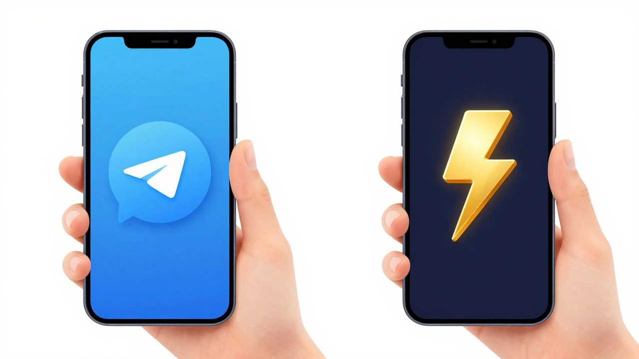 Сравнение классической и золотой иконки Telegram на двух телефонах.