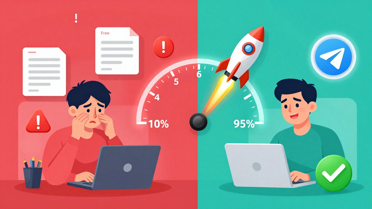 Сравнение медленной загрузки файлов в бесплатной версии Telegram и быстрой — с Premium.