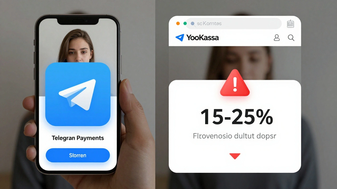 Сравнение: оплата внутри Telegram и перенаправление на внешнюю платежную систему с предупреждением о падении конверсии.