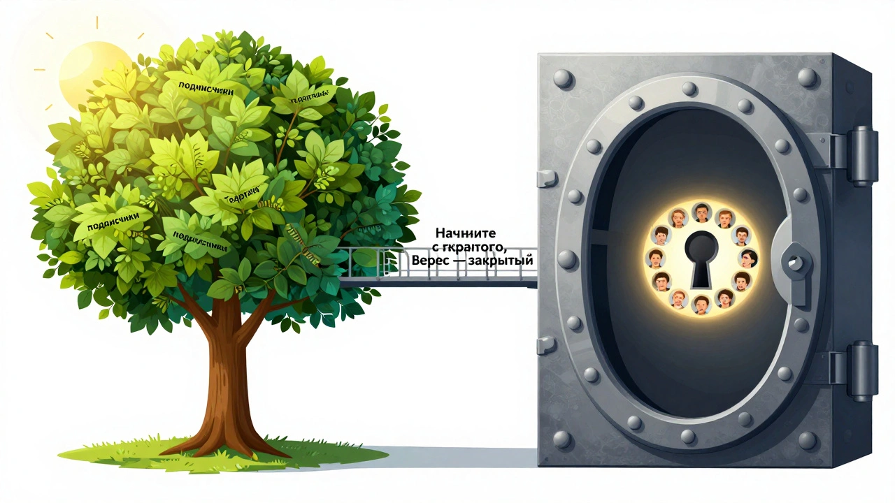 Сравнение открытого и закрытого канала Telegram: дерево с подписчиками и запертый сейф с доверенной аудиторией, соединенные мостом.